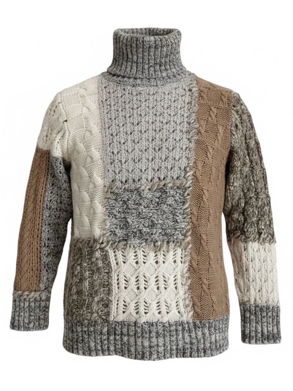 Coldwater Creek Women’s Knit Patchwork Turtleneck Sweater Gray, Brown, Cream - L